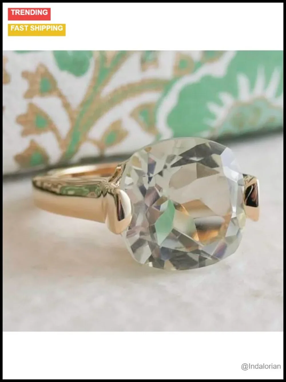 Green Amethyst Cushion Cut Statement Ring 12mm 925 Sterling Silver Gold Plated